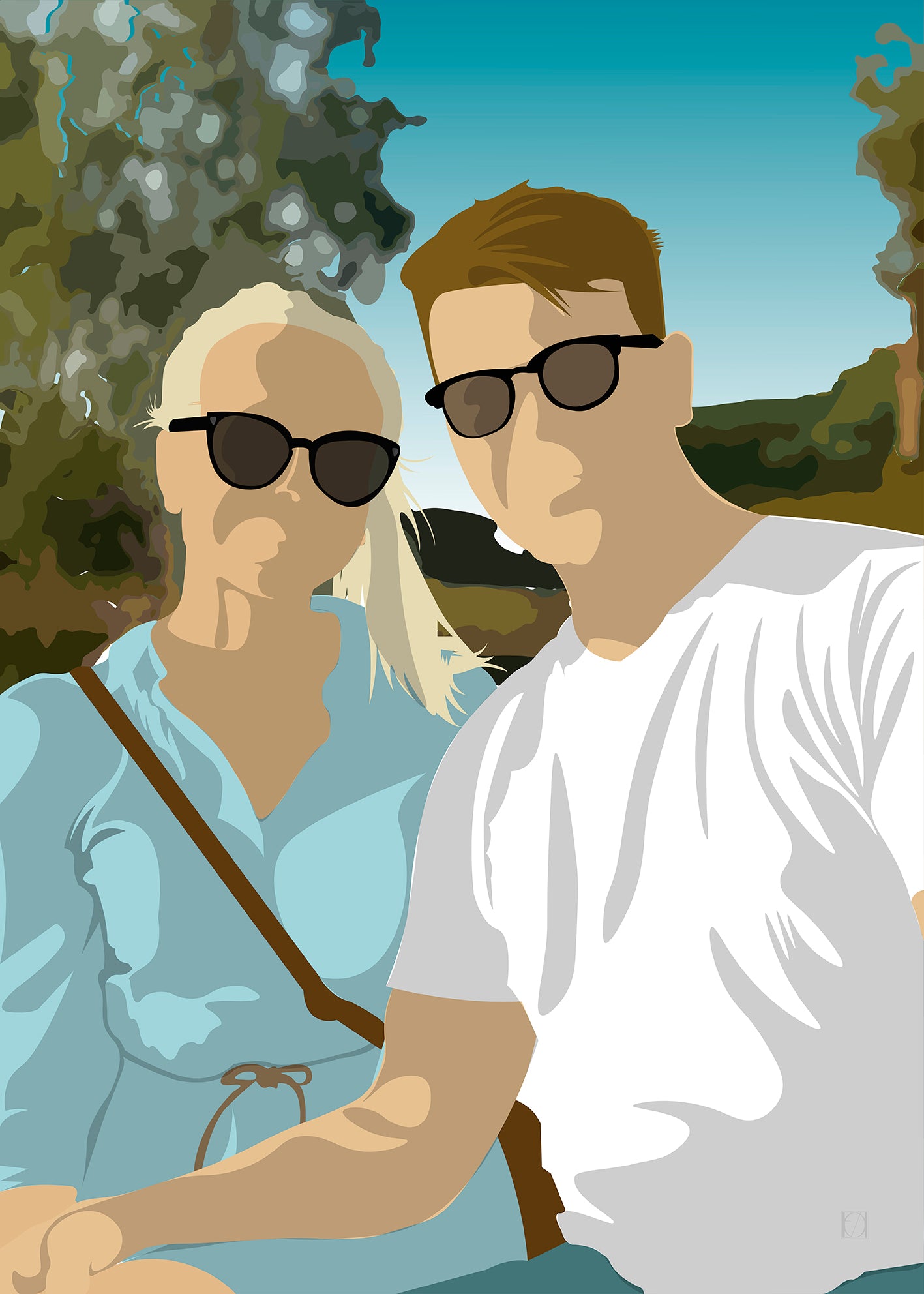 Personlig illustrert plakat av kjærestepar. Begge har på solbriller. Jenta går med blå kjole og har blondt hår. Gutten har på seg hvit t-skjorte og har brunt hår. I bakgrunnen er det bladverk på trær og en blå og hvit gradiert himmel.