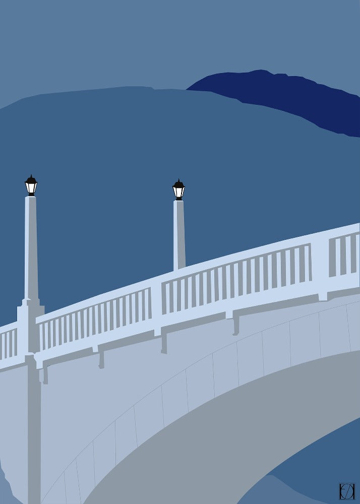 Tveitsund bru - Blå - Egillustrerer - Plakat av Tveitsund bru som er et kjent motiv fra Treungen. Broa ligger i bunn av Nisser. Norges 13. største innsjø. Broen er en steinhvelvsbro og er bygd i 1918.
