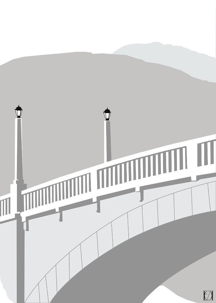 Tveitsund bru - Grå - Egillustrerer - Plakat av Tveitsund bru som er et kjent motiv fra Treungen. Broa ligger i bunn av Nisser. Norges 13. største innsjø. Broen er en steinhvelvsbro og er bygd i 1918.