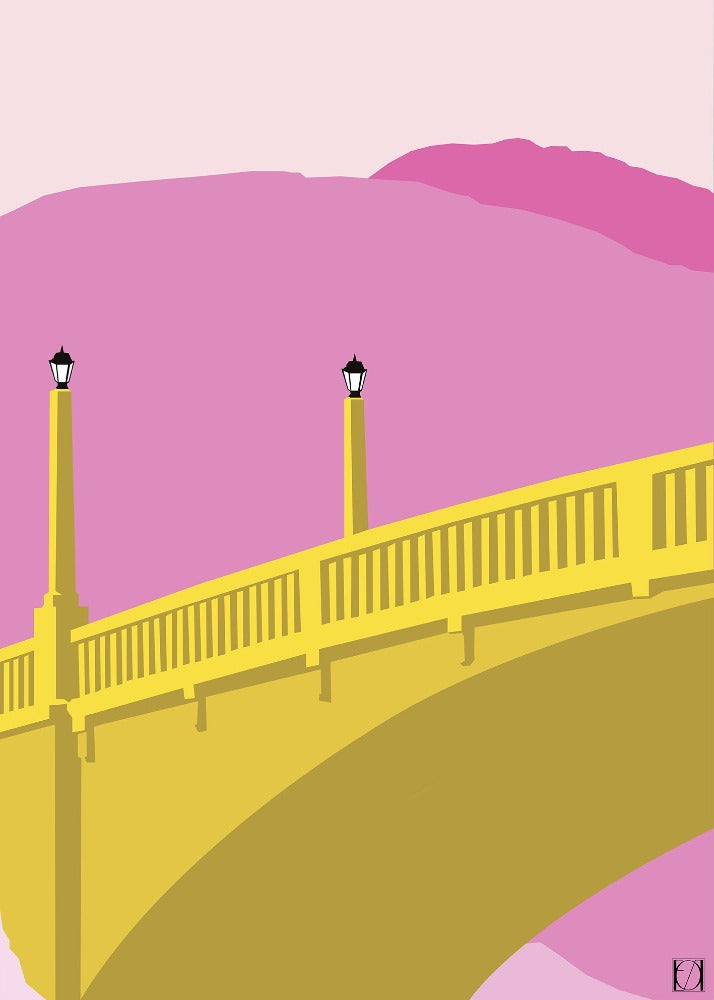 Tveitsund bru - Rosa og gul - Egillustrerer - Plakat av Tveitsund bru som er et kjent motiv fra Treungen. Broa ligger i bunn av Nisser. Norges 13. største innsjø. Broen er en steinhvelvsbro og er bygd i 1918.