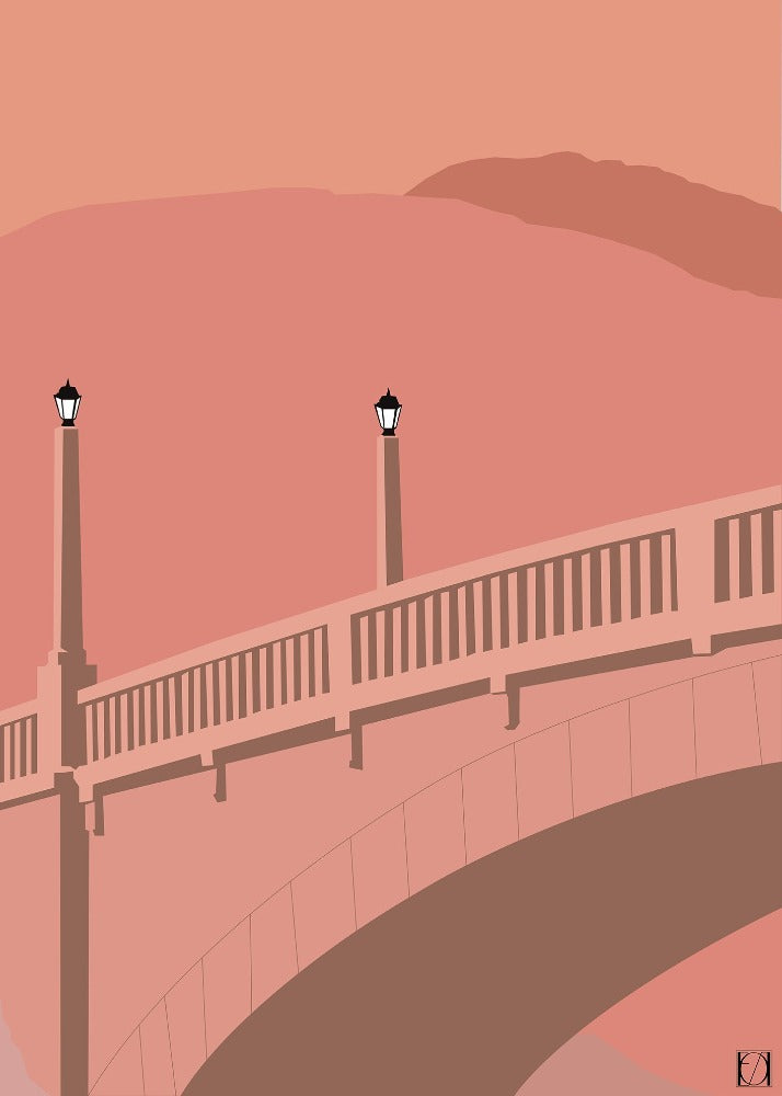 Tveitsund bru - Korall / Terrakotta - Egillustrerer - Plakat av Tveitsund bru som er et kjent motiv fra Treungen. Broa ligger i bunn av Nisser. Norges 13. største innsjø. Broen er en steinhvelvsbro og er bygd i 1918.
