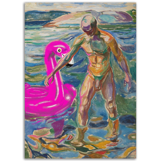 Badende mann og hans flamingo - plakat