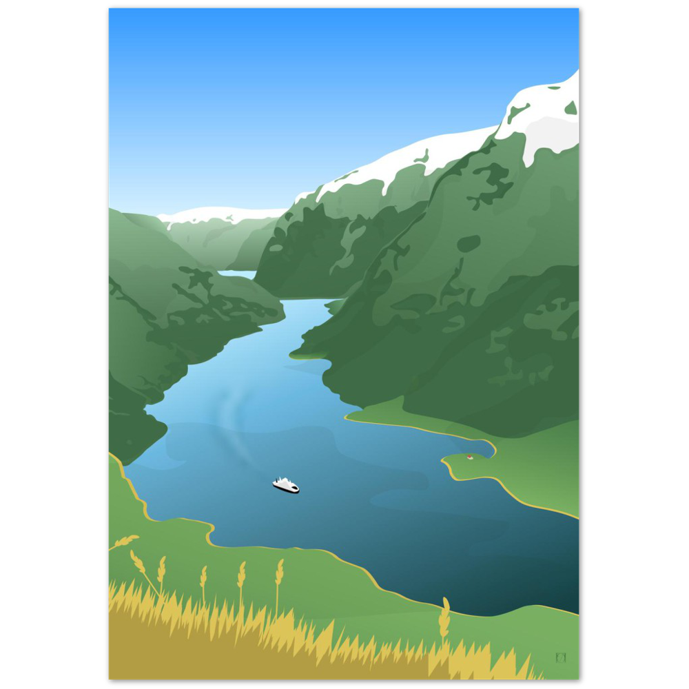 Nærøyfjorden - Egillustrerer - Plakat eller bilde av Nærøyfjorden sett fra et utkikkspunkt noen hundre meter over havoverflaten. Motivet er selve fjorden som går fra mørk til lys blå jo lenger bak i bildet man ser. På fjorden kjører en ferge og på hver side strekker høye fjell seg opp. Toppene av fjellet er dekket med hvit snø. Helt i forgrunnen er det gult gress og noen gule strå som gir god dybde i bildet. Himmelen går fra hvit nederst til lys blå i en nydelig gradient.
