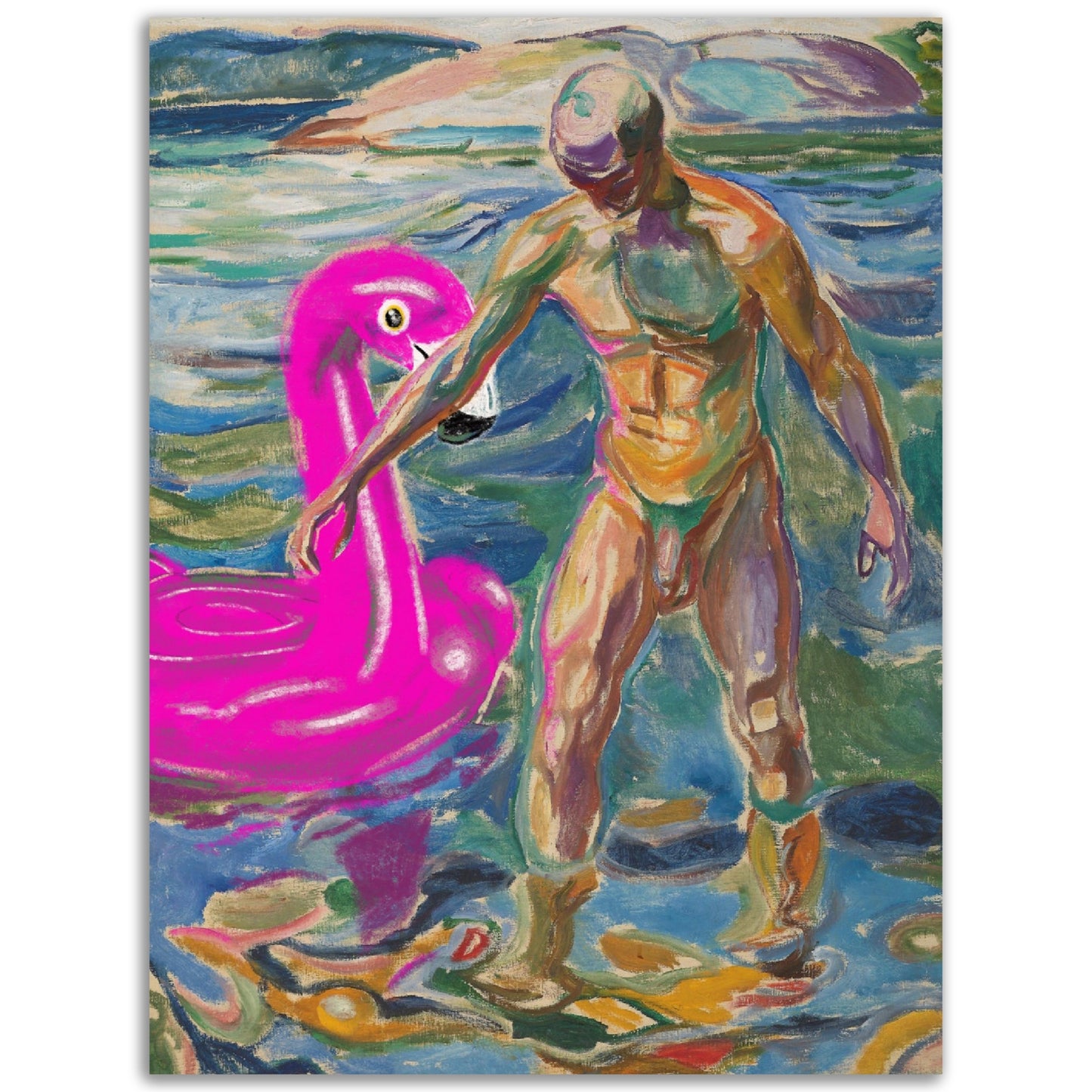 Badende mann og hans flamingo - plakat