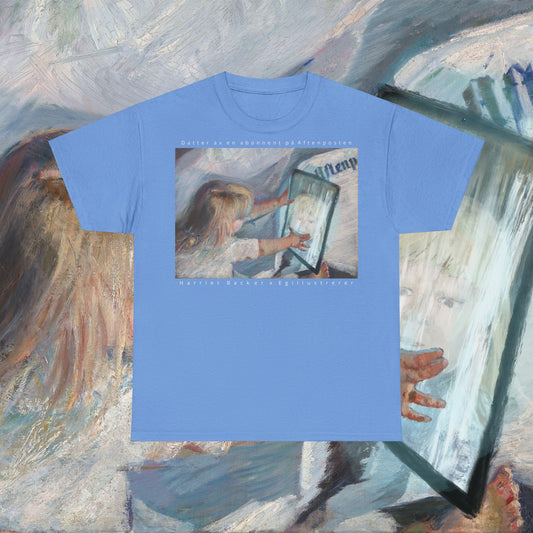 Utforsk vår "klassiske" t-skjortekolleksjon, inspirert av unike malerier. "Datter av en abonnent på Aftenposten" viser en moderne vri, der barnet holder en iPad. Perfekt for kunstinteresserte, laget av premium bomull for komfort. Bestill din unike t-skjorte i dag!