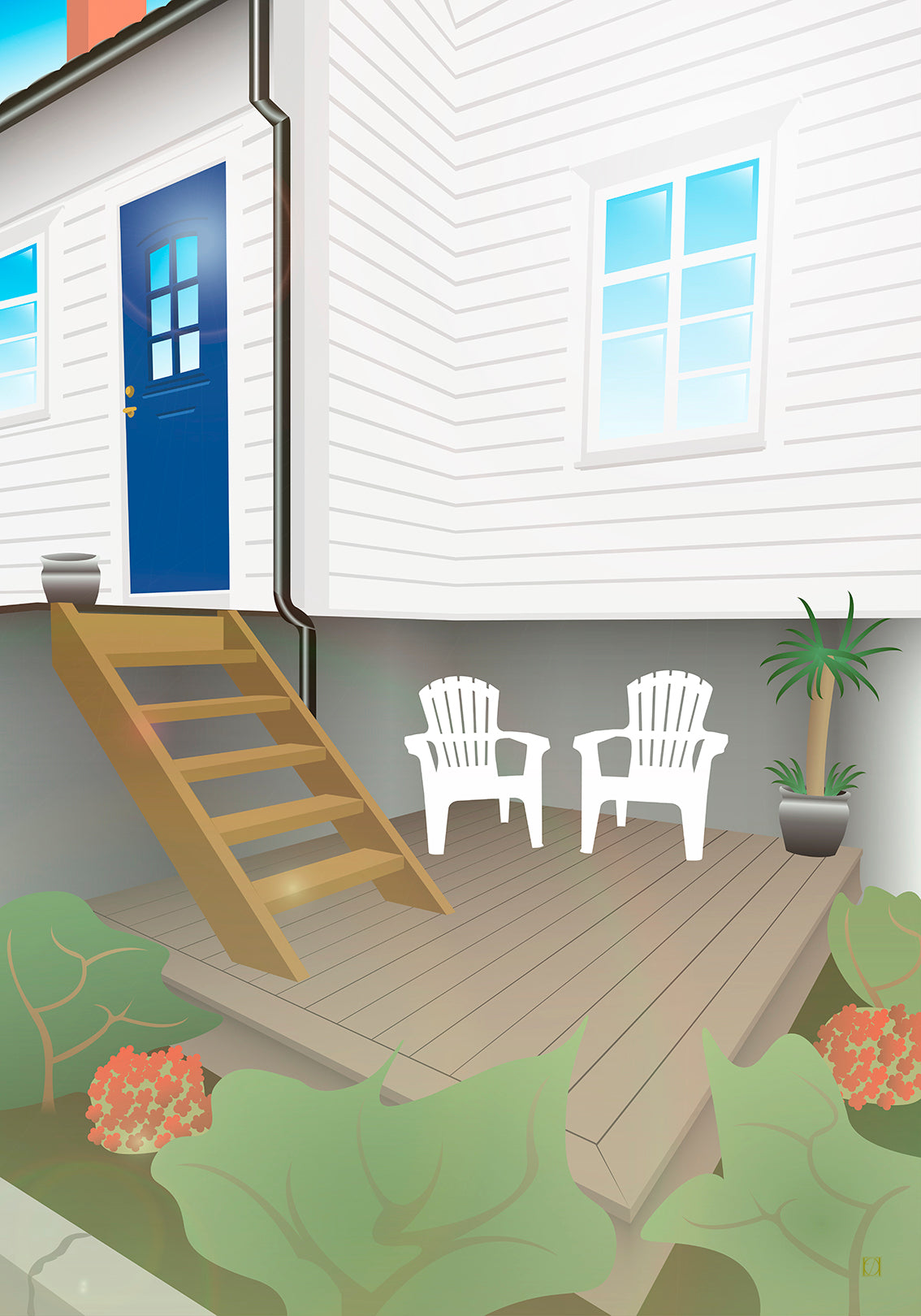 En personlig illustrert plakat av en nydelig liten platting utenfor et skjønt hus. Plakaten har et sommerlig preg og huset ligner nærmest et hus på sørlandet. Huset har blå dør og en blå himmel spegles i vinduene. På plattingen står to monobloc-stoler.