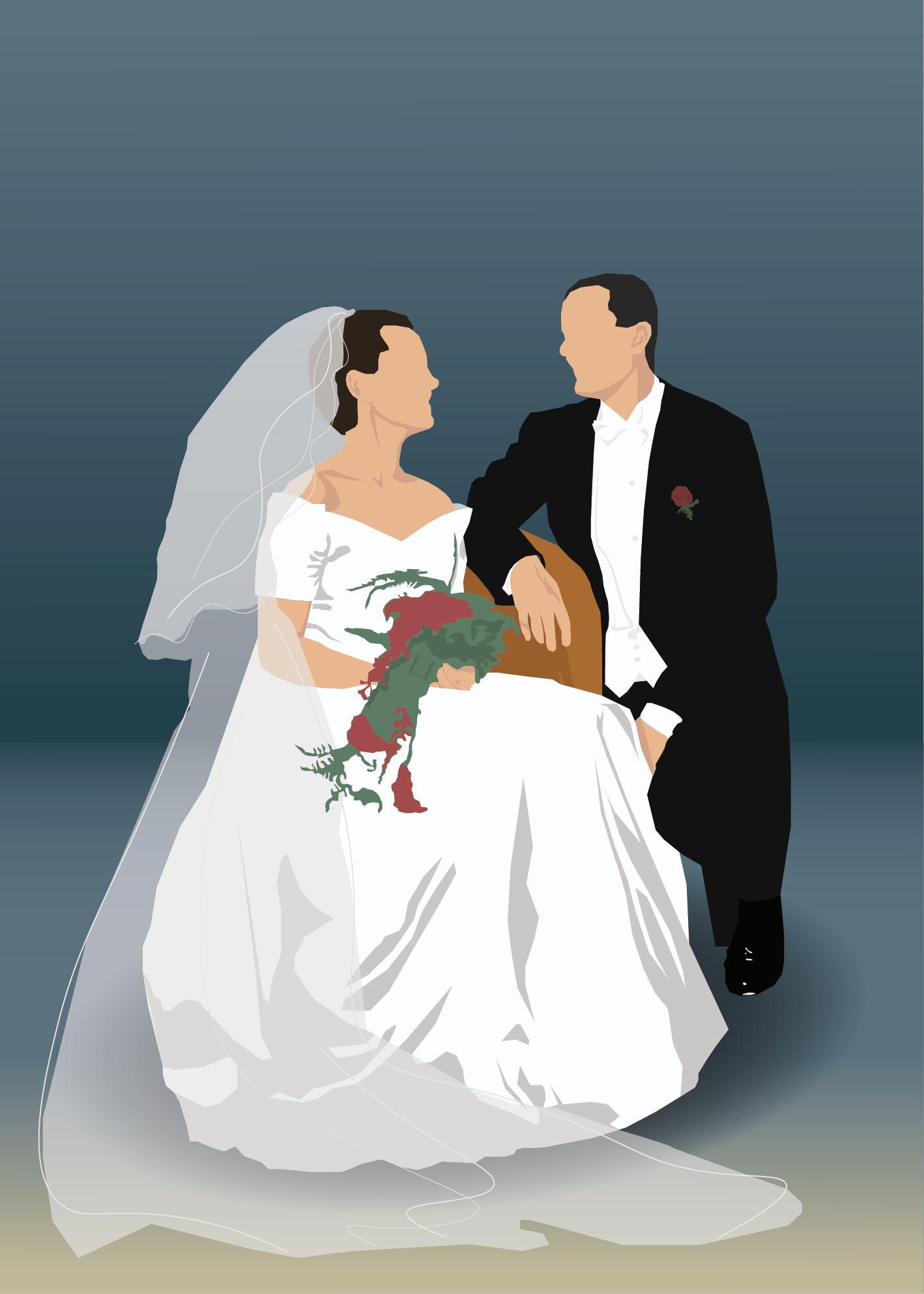 Personlig illustrert plakat av et brudepar. Bruden sitter på en stol og kikker på brudgommen. Begge smiler selv om de ikke har ansikt. Fargene går fra gult på gulvet til blått på veggen. Bruden er kledd i hvit brudekjole og brudgommen i sort dress.