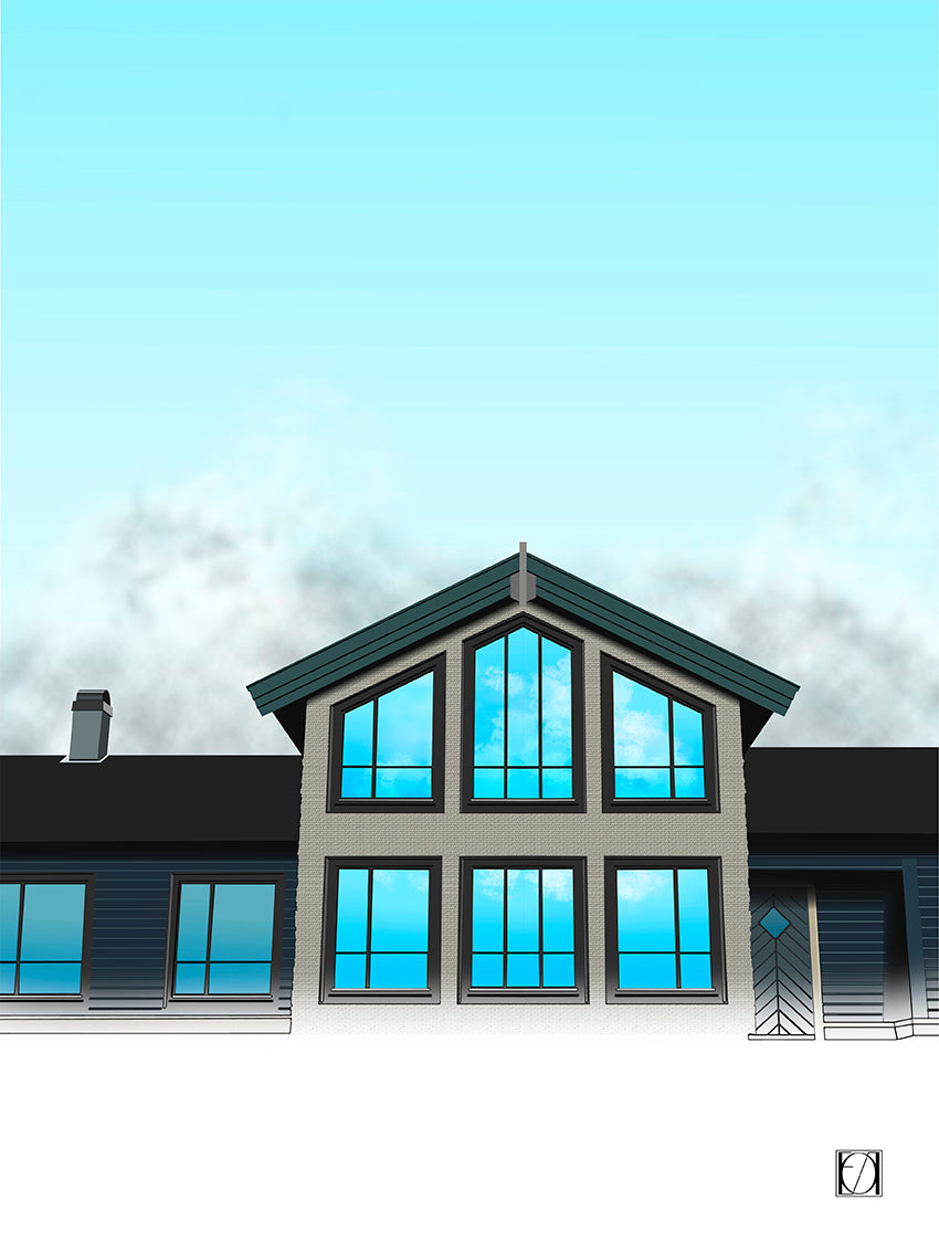 En personlig illustrert plakat av en hytte. Hytten rager høy i framgrunnen med vinduer som spegler en nydelig blå himmel med florlette hvite skyer. Hytta er nesten ferdig illustrert og gir et skissepreget arkitektonisk inntrykk.
