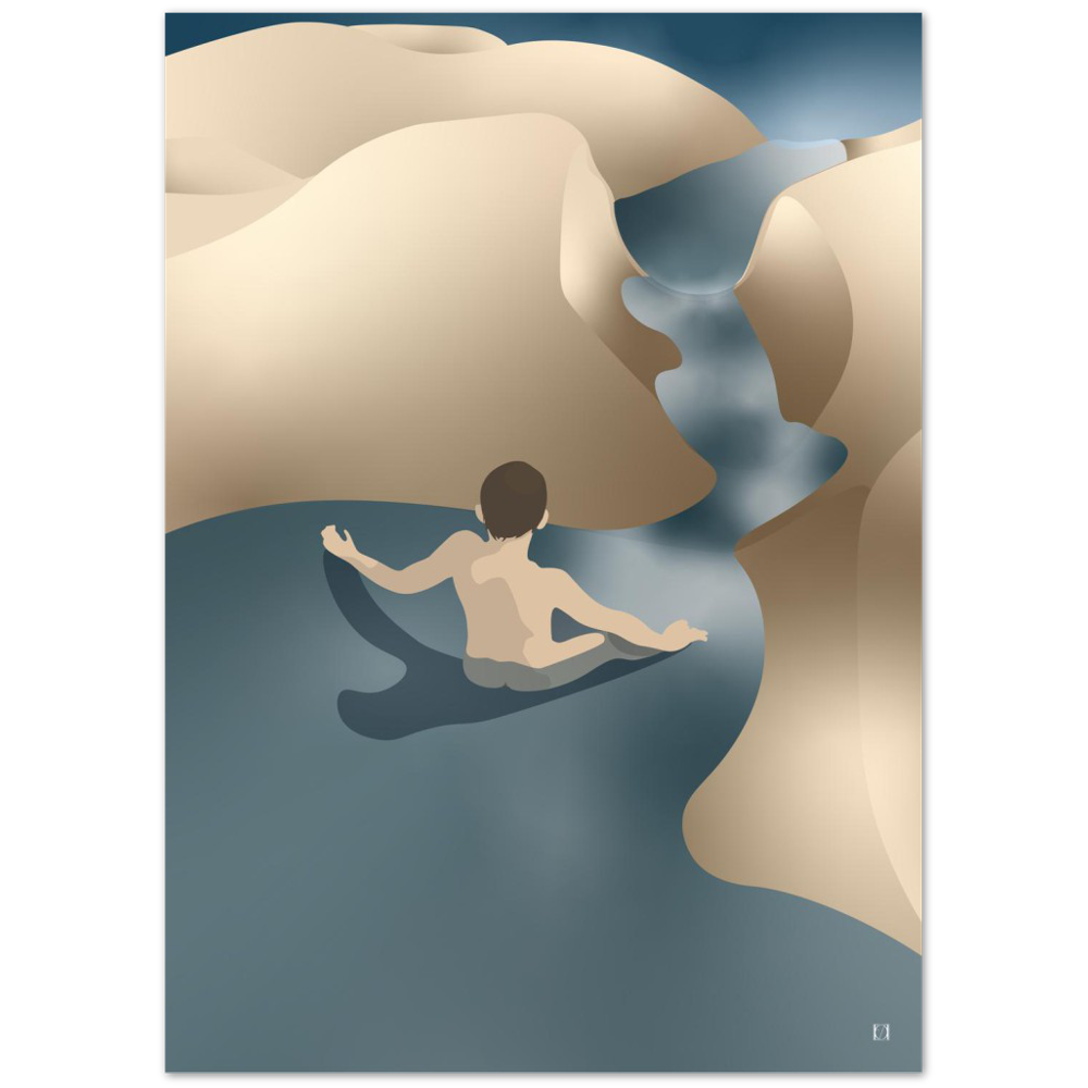Jettegrytene - Egillustrerer -  Et illustrert bilde eller plakat av en naken gutt som bader. Gutten sklir i en naturlig steinformasjon kalt jettegryte. Fjellet i bildet er farget i gyldne sandtoner og vannet er farget graderte blå og hvitfarger. 