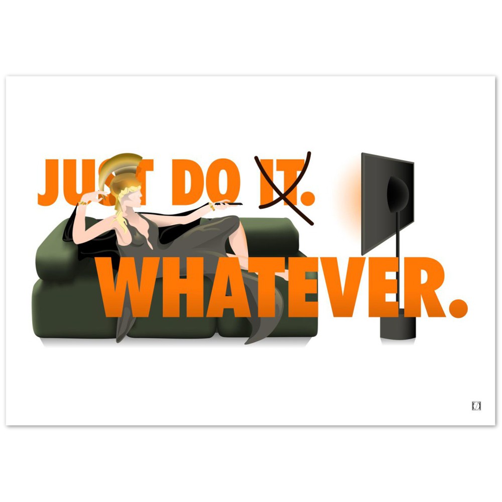 Just do whatever | Plakat frå Egillustrerer | Viser seiersgudinnen Nike som lounger i sin grønne volumøse sofa foran tv. Med teksten Just do it, med kryss over it i bakgrunnen og med teksten whatever i framgrunnen. Bildet er i horisontalformat.