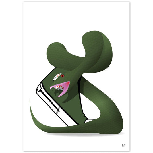 Snakes and sneaks - Ein plakat frå Egillustrerer. Ein grønn slange med raude auge og rosa munn snor seg rundt ein grønn sko. Skoen er av typen Chuck Taylor fra Converse. Auget til slanget går i staden for o i Converse-logoen. Motivet er plasser på kvit bakgrunn og ser stilistisk og moderne ut.