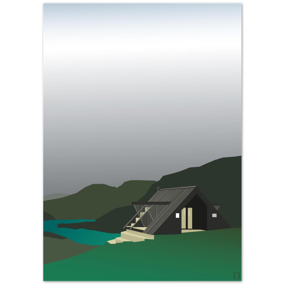 Dagsturhytta på Stedjeåsen - Egillustrerer - Dagsturhyttene er signalbygg plassert på kjente og mindre kjente steder rundt om i Norge. Det er Sparebanken Vest som har finansiert prosjektet. Bildet eller plakaten viser en grå himmel med grønne fjell og den brune og beige hytta i forgrunnen.