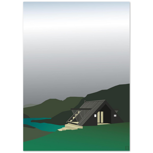 Dagsturhytta på Stedjeåsen - Egillustrerer - Dagsturhyttene er signalbygg plassert på kjente og mindre kjente steder rundt om i Norge. Det er Sparebanken Vest som har finansiert prosjektet. Bildet eller plakaten viser en grå himmel med grønne fjell og den brune og beige hytta i forgrunnen.