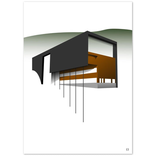 Høgskulebygget i Sogndal - Plakat eller poster med Høgskulebygget i Sogndal som motiv. Motivet preges av geometriske og enkle former samtidig som at motiv er lett gjenkjennelig. Fargene på bygget er sort, rødbrunt og grått. I bakgrunnen ser man et fjell som ender i hvit bakgrunn.